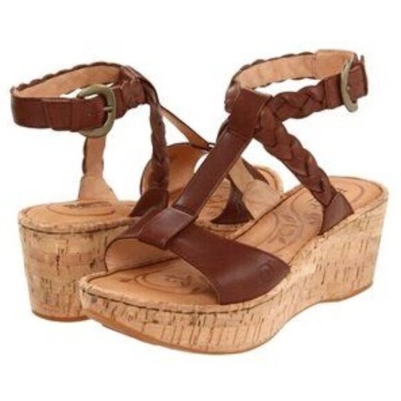 Born Brown Leather Cork Wedges Sandals Ankle Strap Braided Size 9 Women's - Picture 1 of 15